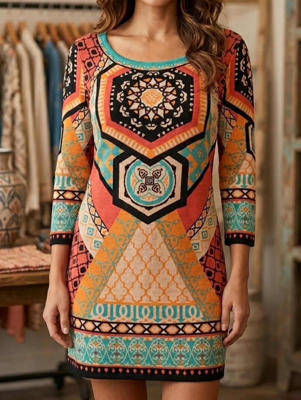 Flying Tomato Coral Teal Black Geometric Mini Dress